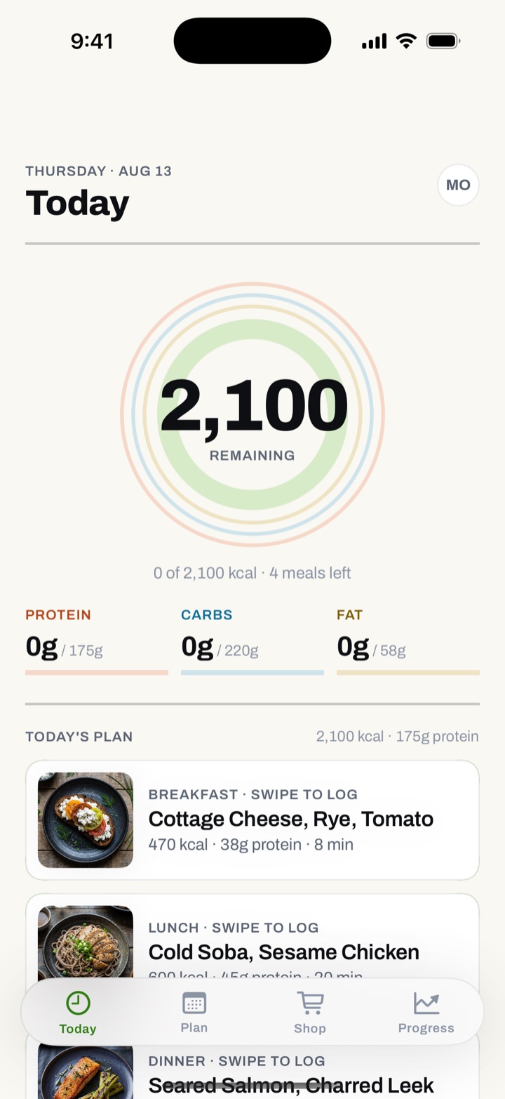 BiteBop Today screen — calorie ring, macros, and today's planned meals with photos